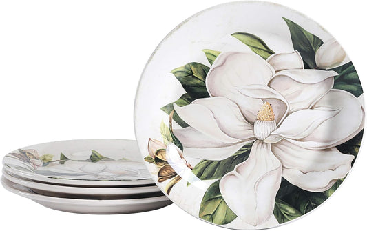Magnolia Floral Salad Plates Set of 4, 8.75 Inch Ceramic Dessert Plates 