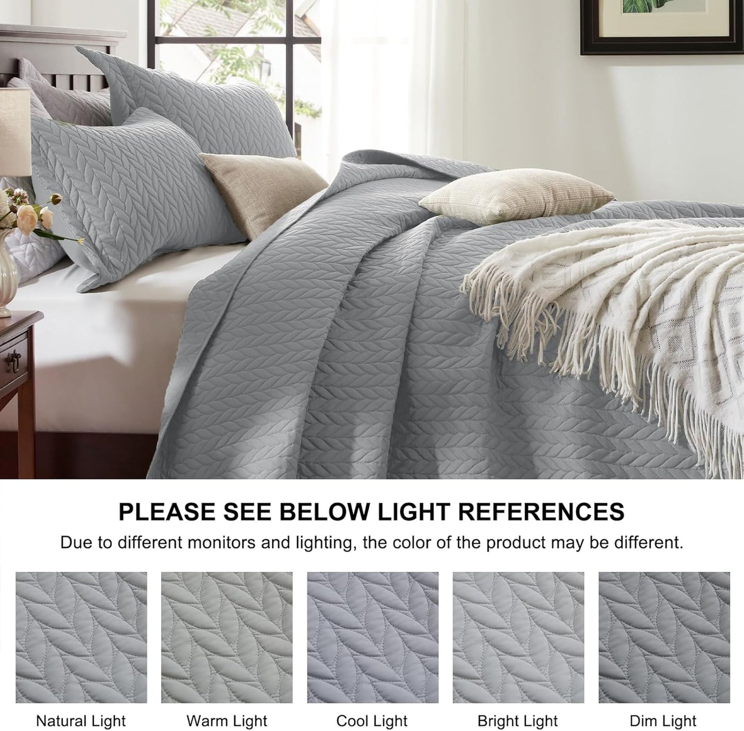 Queen Quilt Bedding Set, Lightweight Comforter Bedspreads Coverlets, Full Queen Size Quilt, Luxury Durable Quilted Stitching Bed Cover with 2 Shams All Season 3Pcs, Light Grey