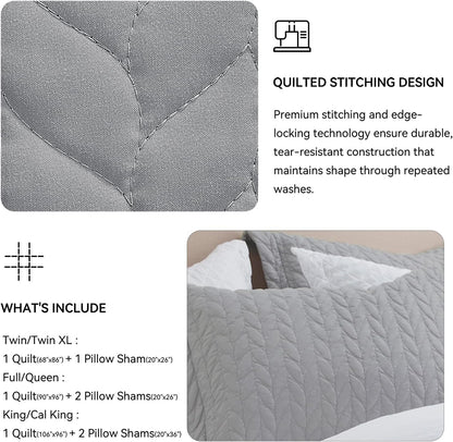 Queen Quilt Bedding Set, Lightweight Comforter Bedspreads Coverlets, Full Queen Size Quilt, Luxury Durable Quilted Stitching Bed Cover with 2 Shams All Season 3Pcs, Light Grey